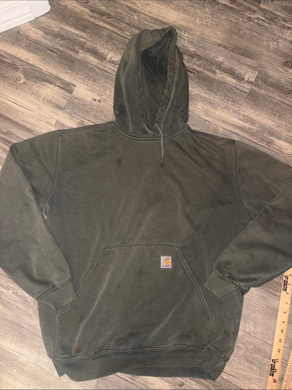 Vintage 90s - Carhartt Men's Dark Olive Green Hooded Work Sweatshirt large